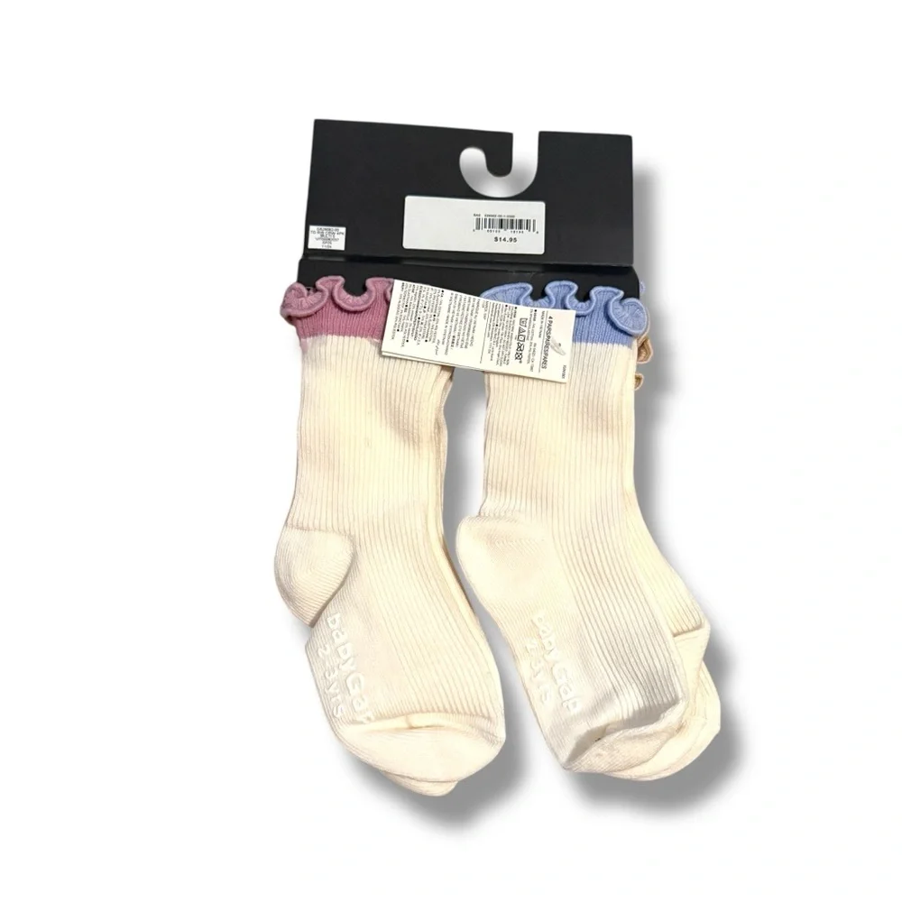 Baby GAP NWT Girls Crew Socks 4-Pack Ruffle Trim‎ Size 2-3Y Ivory Pink Beige